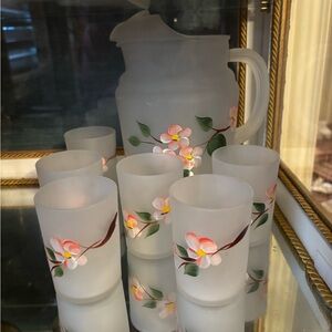vintage Hazel-Atlas "Dogwood Flower" frosted glass pitcher and 6 tumblers set